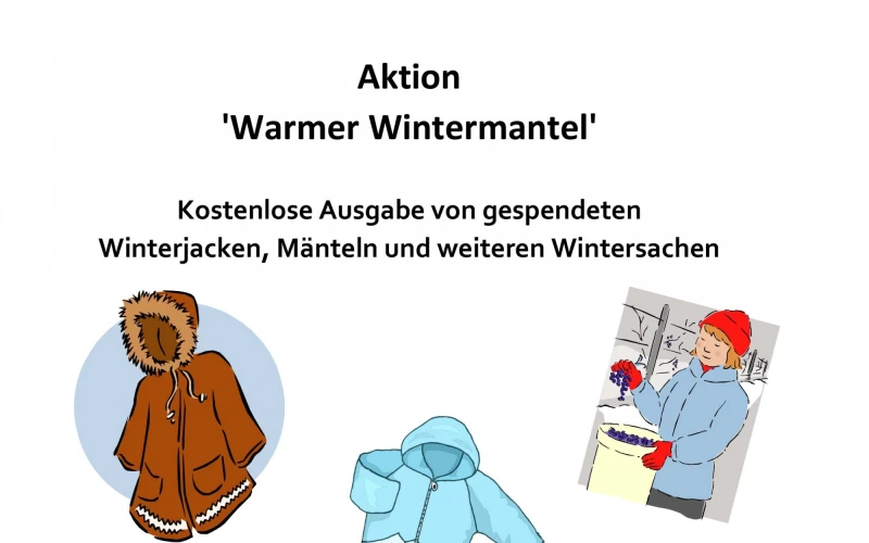 Plakat f&uuml;r die Aktion "Warmer Wintermantel" am 30. November 2019 von 11-15 Uhr im Haus der Vereine. Kostenlose Ausgabe von gespendeten Winterjacken, M&auml;nteln und Winterbekleidung, dargestellt durch drei Winterkleidungsillustrationen.
