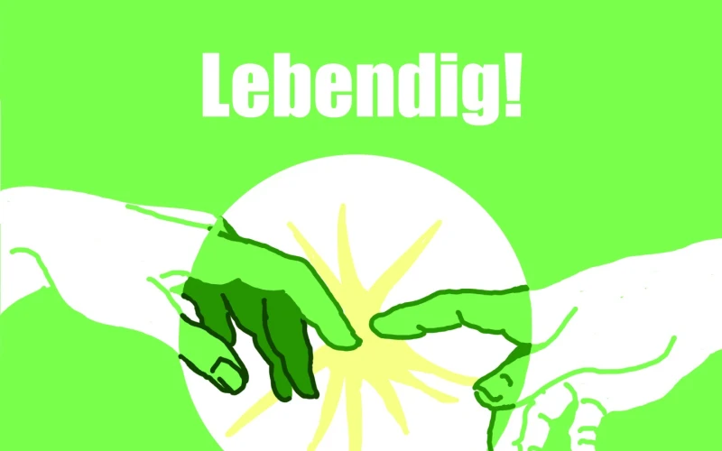 Gr&uuml;nes Plakat f&uuml;r ein Benefizkonzert am 4. Februar 2024 in der Stadtkirche Freudenstadt, mit stilisierter Handgeste vor einem wei&szlig;en Kreis und gelbem Lichtschein.