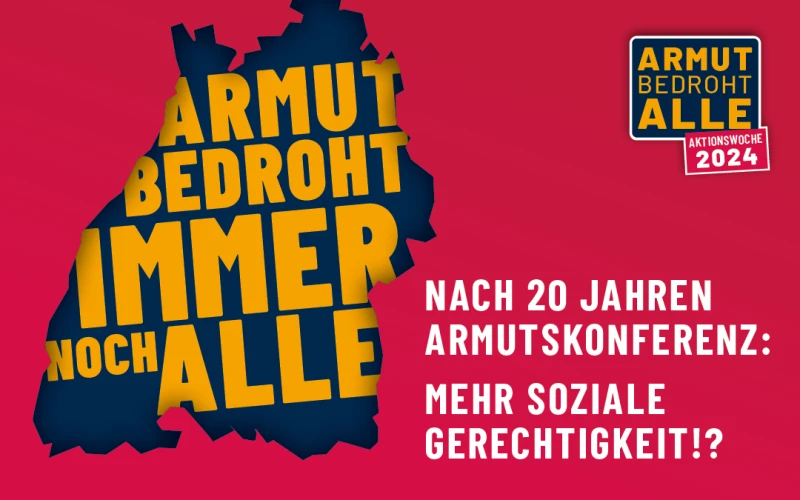 Ank&uuml;ndigung einer Armutskonferenz am 10. Oktober 2024 in Waiblingen mit einem Impulsvortrag von Professor Dr. Christoph Butterwegge zum Thema soziale Gerechtigkeit, mit einem grafischen Slogan "Armut bedroht immer noch alle" auf rotem Hintergrund.