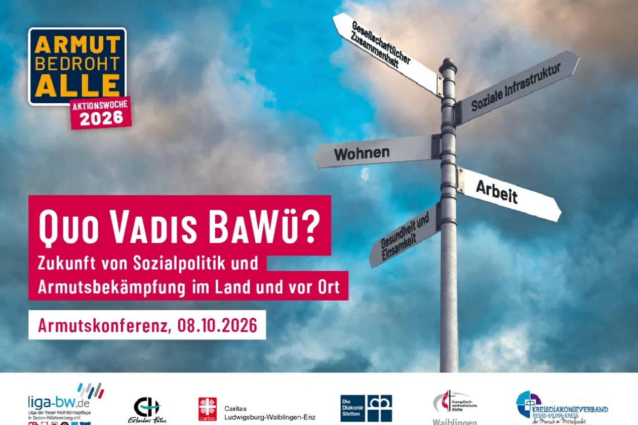 Auf einer Karte mit dem Titel "Quo Vadis BaW&uuml;" ist vor einem bew&ouml;lkten Himmel ein Wegweiser zu sehen, der in verschiedene Richtungen weist.