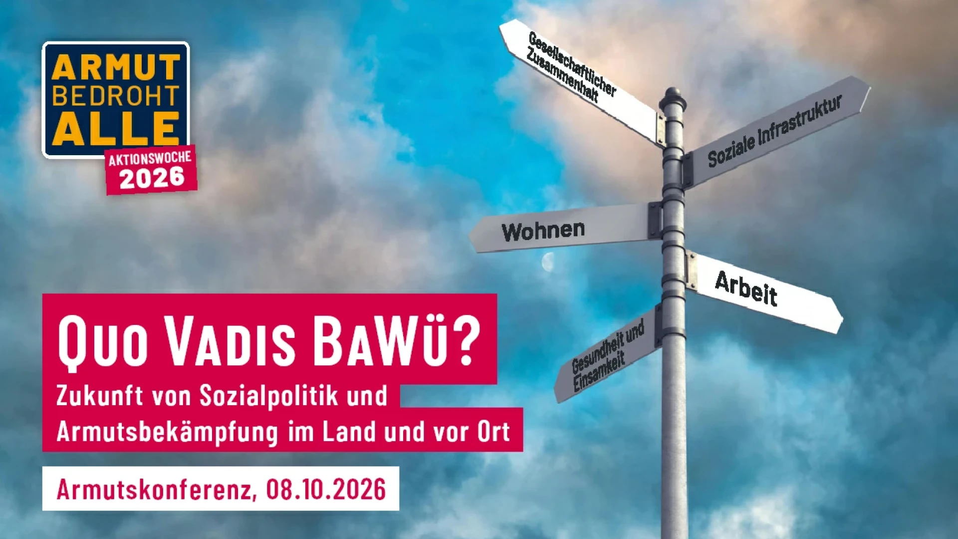 Auf einer Karte mit dem Titel "Quo Vadis BaW&uuml;" ist vor einem bew&ouml;lkten Himmel ein Wegweiser zu sehen, der in verschiedene Richtungen weist.