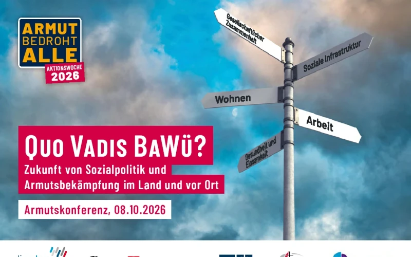Auf einer Karte mit dem Titel "Quo Vadis BaW&uuml;" ist vor einem bew&ouml;lkten Himmel ein Wegweiser zu sehen, der in verschiedene Richtungen weist.