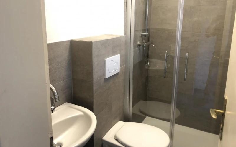 Ein Bad mit Waschbecken, Wandtoilette und einer Dusche mit Glast&uuml;r ist zu sehen.