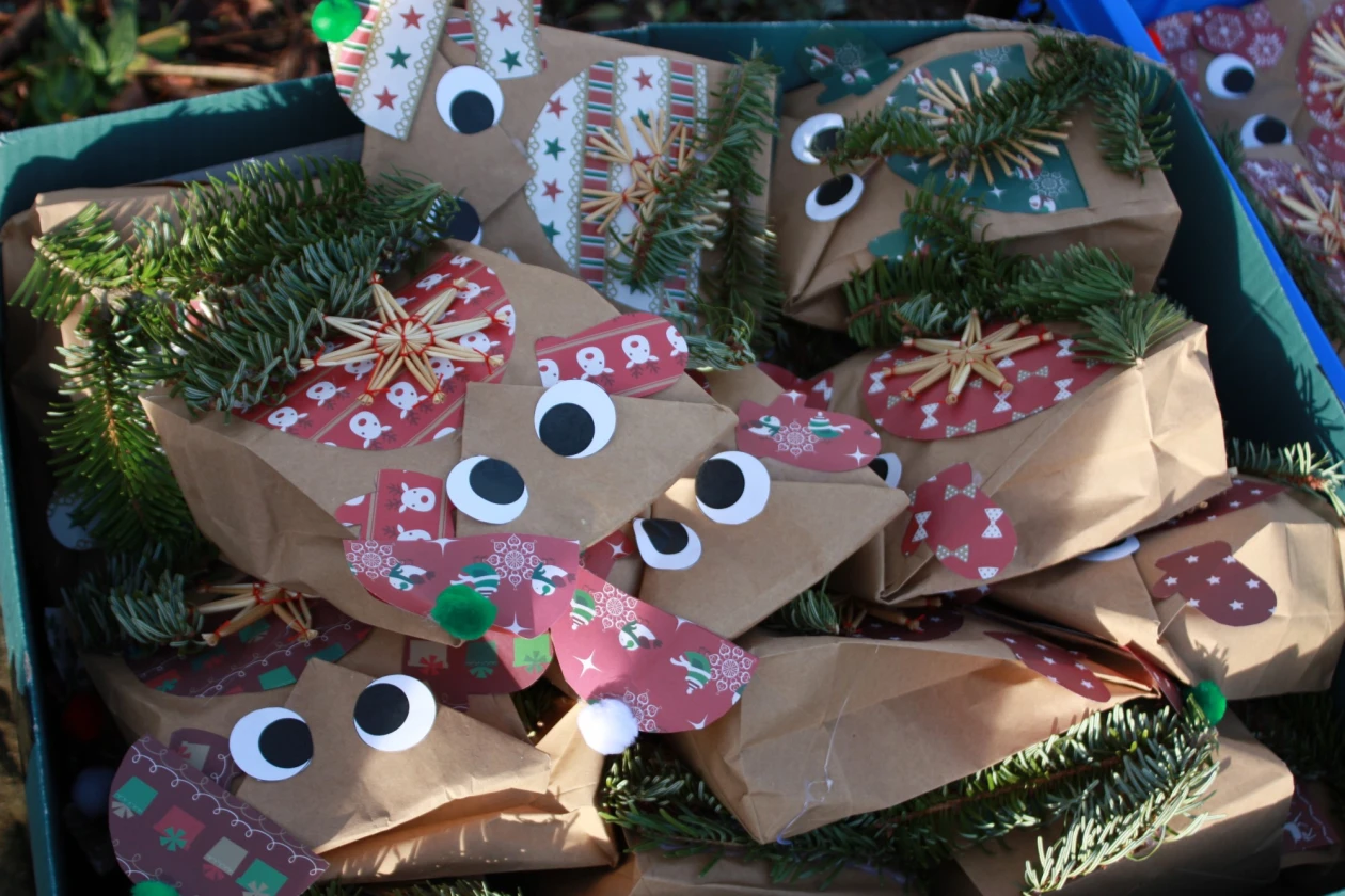 Weihnachtlich verpackte Geschenke in braunen Papiertaschen mit aufgeklebten Wackelaugen, geschm&uuml;ckt mit Tannenzweigen und festlichen Ornamenten. Die Pakete liegen in einer Klappbox.