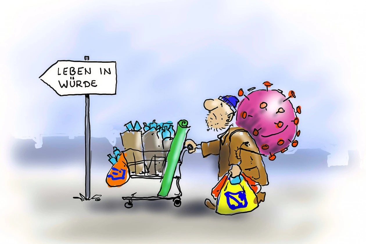 Karikatur mit einem obdachlosen Menschen mit Viruslast und einem Einkaufswagen voller Habseligkeiten, der einem Schild mit der Aufschrift "Leben in W&uuml;rde" folgt.