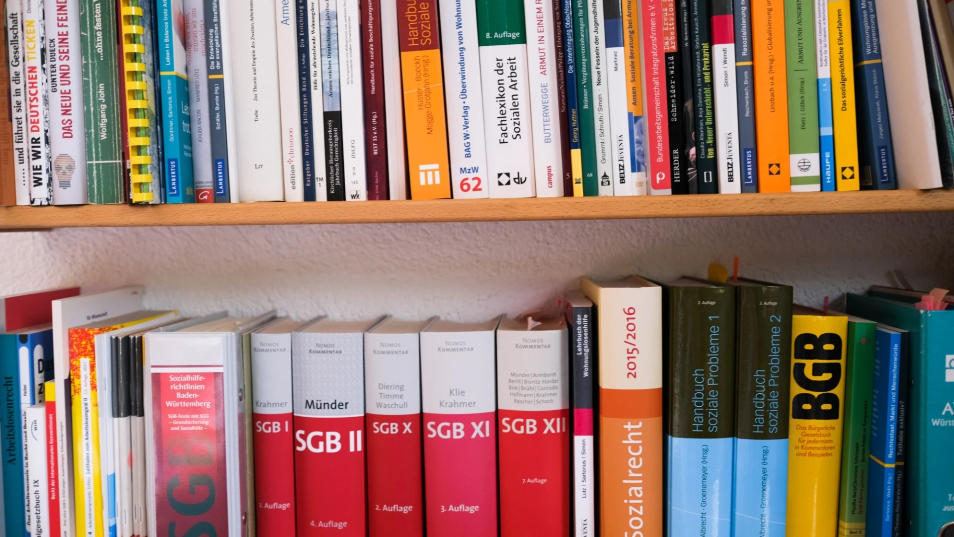 Zwei Holzregale mit einer umfangreichen Sammlung B&uuml;chern, darunter mehrere rote B&auml;nde der Reihe "SGB" nebeneinander angeordnet.