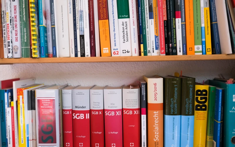 Zwei Holzregale mit einer umfangreichen Sammlung B&uuml;chern, darunter mehrere rote B&auml;nde der Reihe "SGB" nebeneinander angeordnet.
