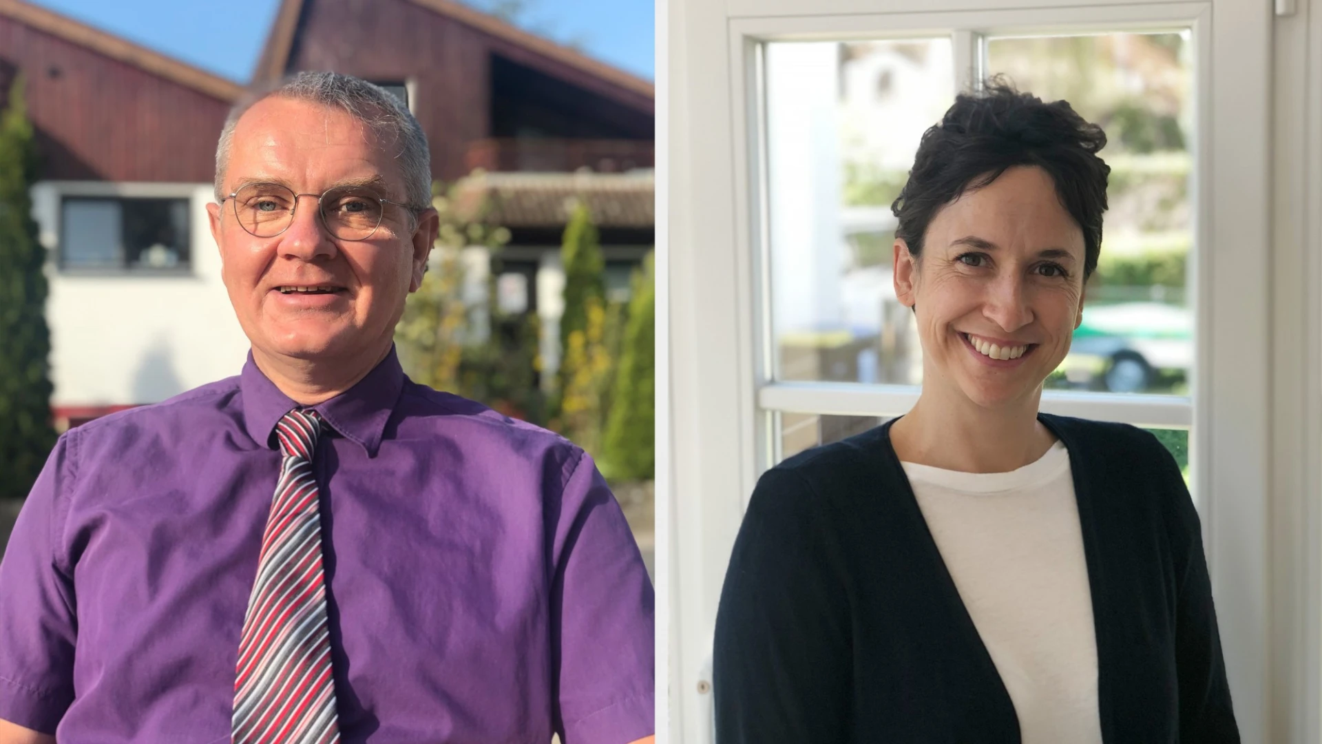 Links im Bild ist ein Mann zu sehen, der eine Brille, ein lila Hemd und eine gestreifte Krawatte tr&auml;gt. Er steht vor einem Haus, das von B&auml;umen umgeben ist. Rechts im Bild befindet sich eine Frau, die eine schwarze Strickjacke &uuml;ber einem wei&szlig;en Oberteil tr&auml;gt. Sie steht vor einem Fenster. Beide l&auml;cheln in die Kamera.