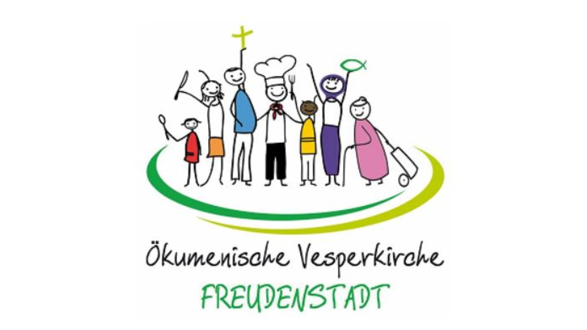 Stilisierte Gruppe von Menschen unterschiedlicher Gr&ouml;&szlig;e und Kleidung auf einer Plattform, die Vielfalt und Gemeinschaft symbolisiert. Logo f&uuml;r die &Ouml;kumenische Vesperkirche Freudenstadt mit bunten Strichm&auml;nnchen und einem Kreuz.