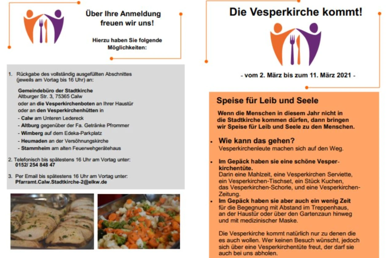 Informationsflyer f&uuml;r die Vesperkirche vom 2. bis 11. M&auml;rz 2021, mit Details zur Anmeldung und Essensausgabe sowie Fotos von Speisen, die Hilfe und Verpflegung f&uuml;r Menschen in dieser Zeit symbolisieren.