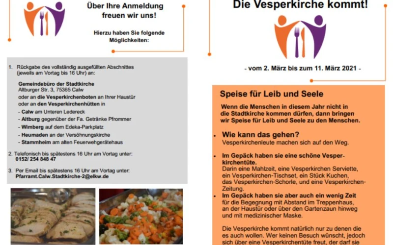 Informationsflyer f&uuml;r die Vesperkirche vom 2. bis 11. M&auml;rz 2021, mit Details zur Anmeldung und Essensausgabe sowie Fotos von Speisen, die Hilfe und Verpflegung f&uuml;r Menschen in dieser Zeit symbolisieren.
