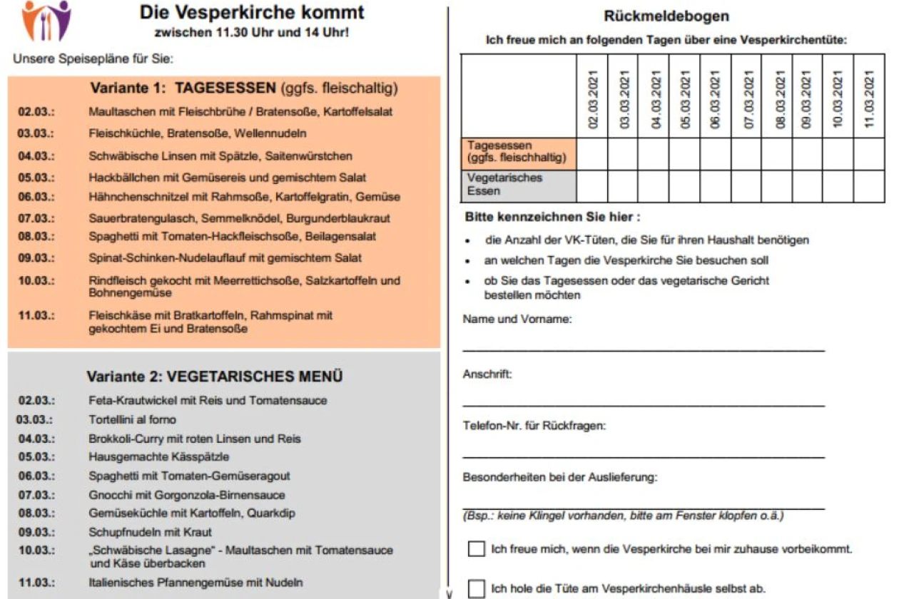 Informationsflyer f&uuml;r die Vesperkirche vom 2. bis 11. M&auml;rz 2021, mit Details zur Anmeldung und Essensausgabe sowie Fotos von Speisen, die Hilfe und Verpflegung f&uuml;r Menschen in dieser Zeit symbolisieren.