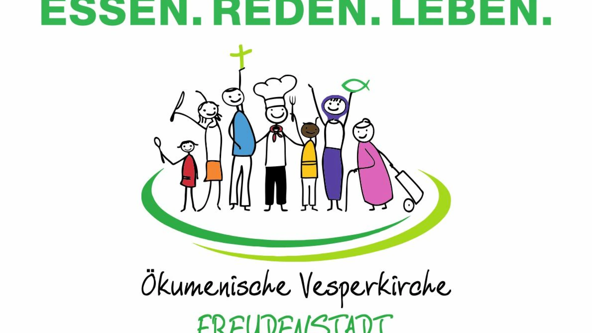 Einladungsplakat zur Vesperkirche in Freudenstadt vom 28. Juni bis 2. Juli 2021, mit bunter Illustration verschiedener Menschen und dem Titel "Miteinander. Essen. Reden. Leben." mit Details zu Ort und Zeit der Veranstaltung.