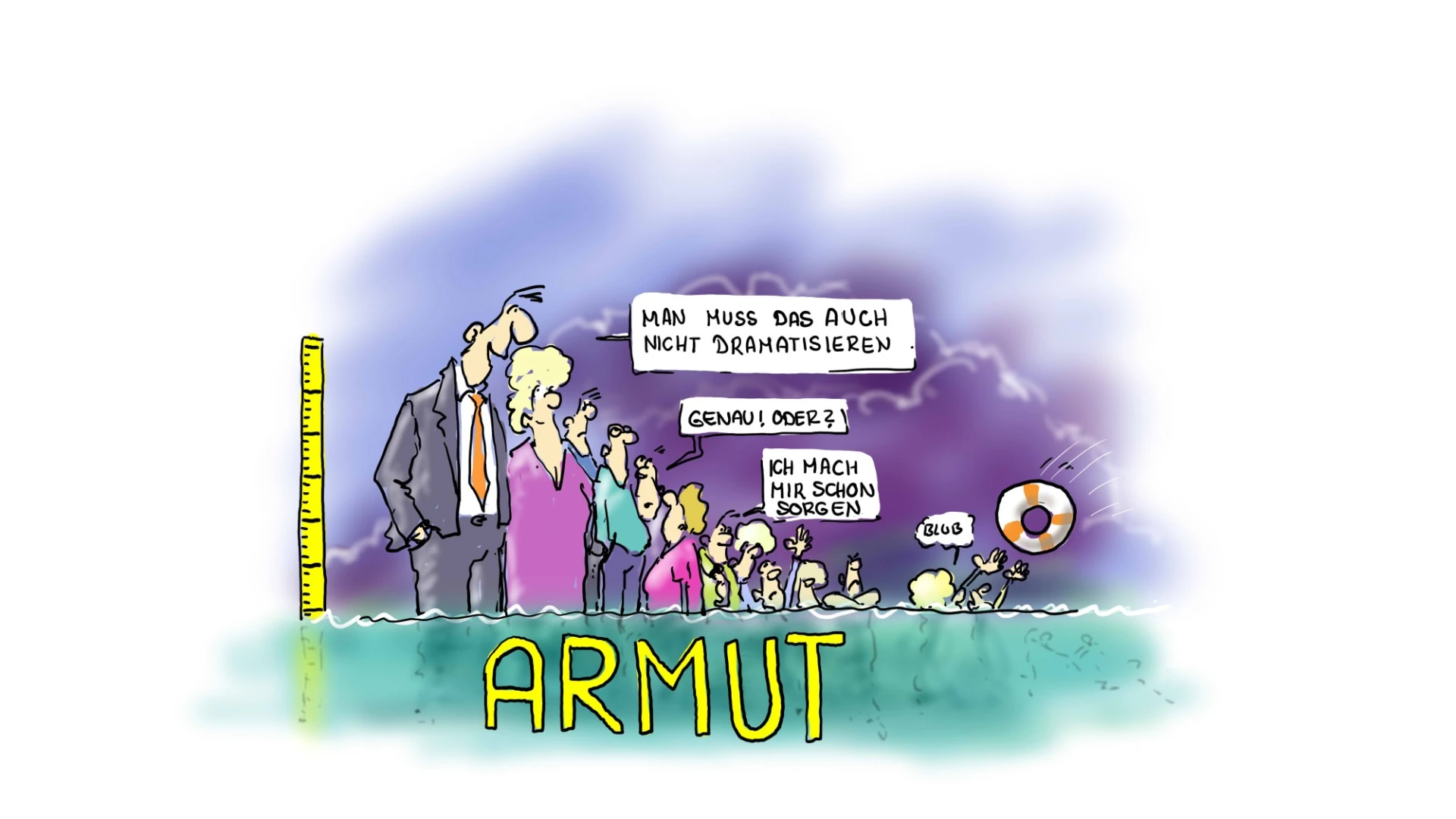 Eine Karikatur ist zu sehen. Menschen verschiedener Gr&ouml;&szlig;en stehen an einer Armutsgrenze, die als Messlatte dargestellt ist, mit Sprechblasen, die soziale Ungleichheit und wirtschaftliche Herausforderungen symbolisieren.