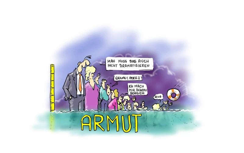 Eine Karikatur ist zu sehen. Menschen verschiedener Gr&ouml;&szlig;en stehen an einer Armutsgrenze, die als Messlatte dargestellt ist, mit Sprechblasen, die soziale Ungleichheit und wirtschaftliche Herausforderungen symbolisieren.