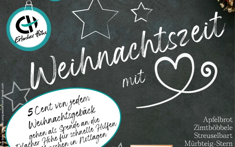 Weihnachtliches Tafel-Design mit Christbaumkugeln, Sternen und Tannenzapfen auf einer Schiefertafel. Ank&uuml;ndigung der Aktion zur Weihnachtszeit mit dem Logo der Erlacher H&ouml;he und der B&auml;ckerei Mildenberger. Weihnachtliche Geb&auml;cke sind aufgelistet.