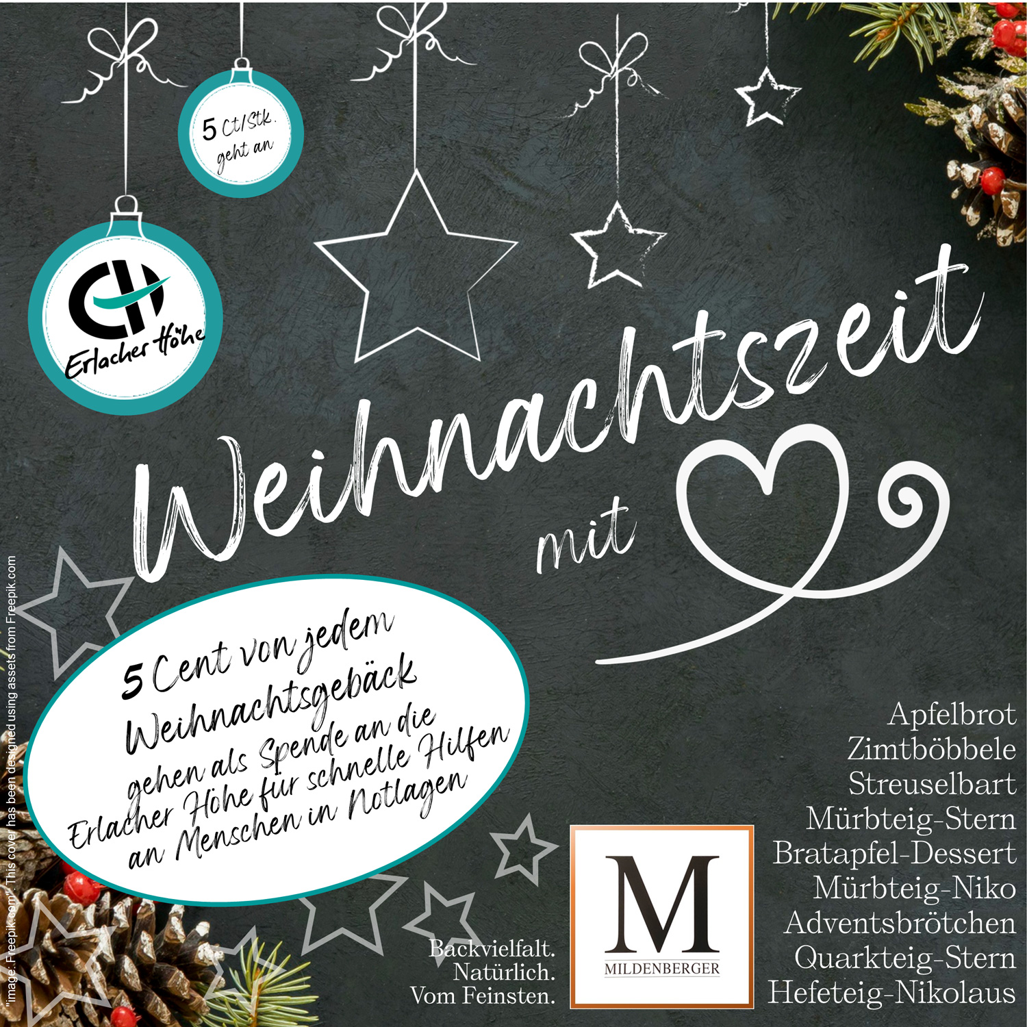 Weihnachtliches Tafel-Design mit Christbaumkugeln, Sternen und Tannenzapfen auf einer Schiefertafel. Ank&uuml;ndigung der Aktion zur Weihnachtszeit mit dem Logo der Erlacher H&ouml;he und der B&auml;ckerei Mildenberger. Weihnachtliche Geb&auml;cke sind aufgelistet.