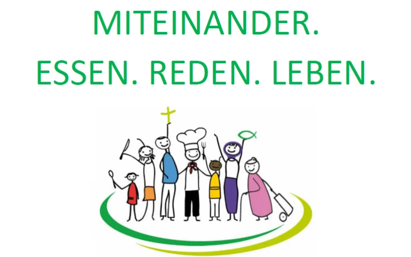 Stilisierte Gruppe von Menschen verschiedener Gr&ouml;&szlig;en und Altersgruppen, die zusammenstehen. Der Text "MITEINANDER. ESSEN. REDEN. LEBEN." steht &uuml;ber der Gruppe, die auf einem gr&uuml;nen Halbkreis steht.