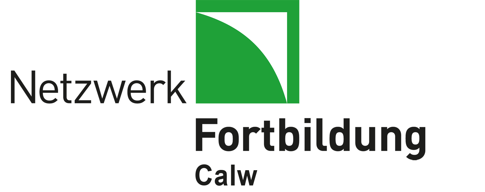Logo des Netzwerk Fortbildung Calw in gr&uuml;n-wei&szlig; mit einem stilisierten grafischen Element und klarer, moderner Typografie.