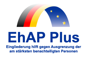 Logo des EhAP Plus zeigt einen Regenbogen in den Farben schwarz-rot-gelb &uuml;bergehend in blau mit gelben Sternen, das die Eingliederung benachteiligter Personen symbolisiert.