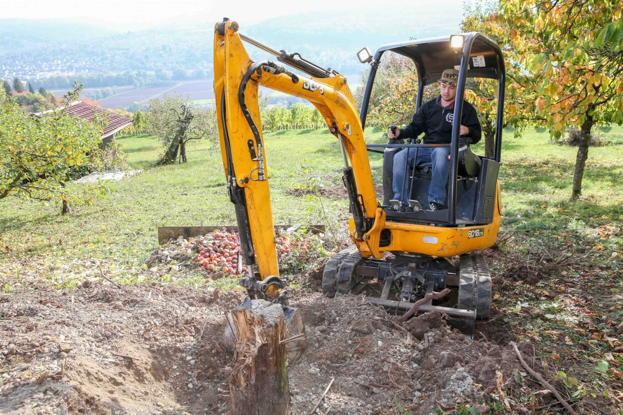 Ein Mann sitzt in der Kabine eines gelben Minibaggers. Der Bagger steht auf einer Streuobstwiese, die Baggerschaufel befindet sich in einem gro&szlig;en Erdloch.