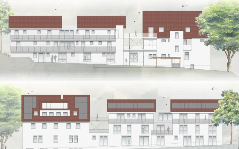 Vorder- und R&uuml;ckansicht eines 3-st&ouml;ckigen Geb&auml;udekomplexes, der modernisiert oder neu gebaut wird visualisiert in Planungsunterlagen. Es besteht aus 3 Geb&auml;uden, die mit Verbindungelementen eine H&auml;userreihe darstellen.