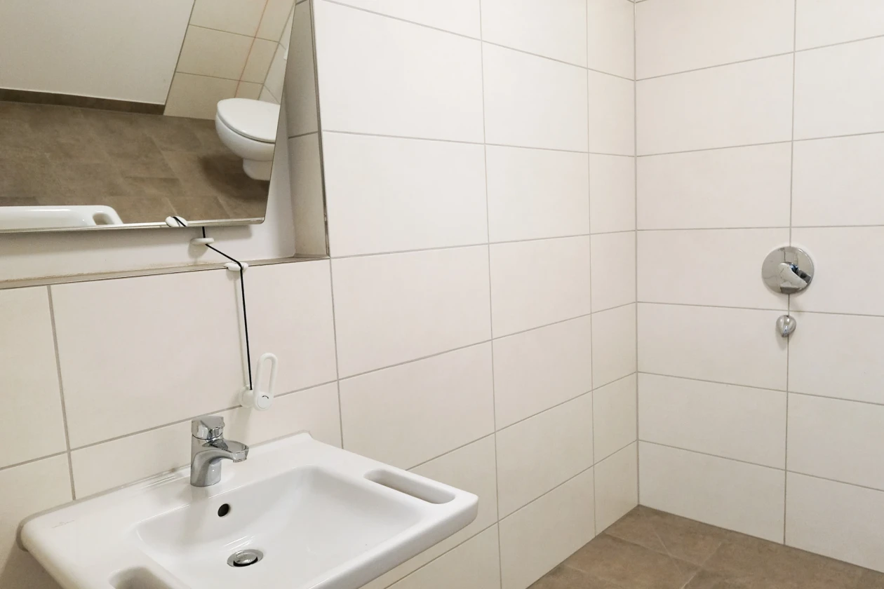 Wei&szlig; gekacheltes modernes Badezimmer mit barrierefreier Dusche und Spiegel &uuml;ber dem Waschbecken.