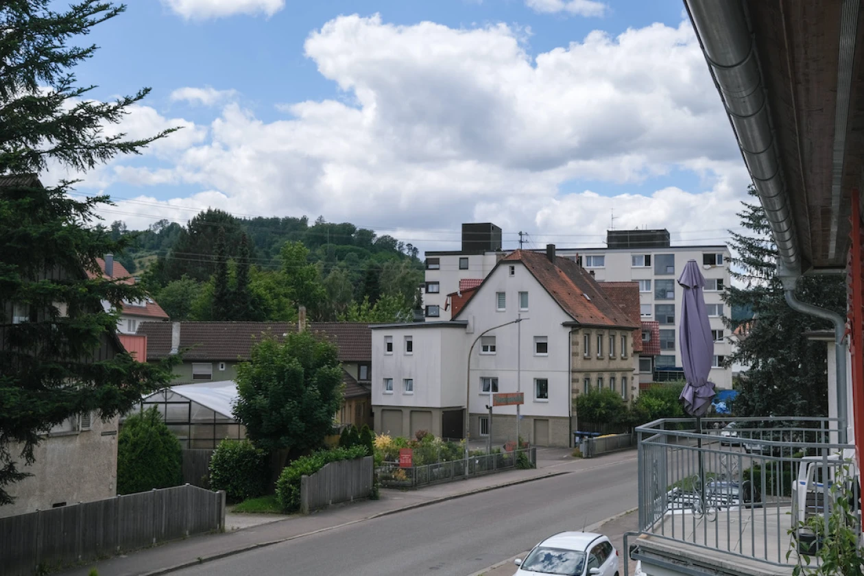 Blick von einem Balkon auf eine Stra&szlig;e. Weitere H&auml;user sind umgeben von B&auml;umen, G&auml;rten und parkenden Autos zu sehen. Der Himmel ist bew&ouml;lkt.