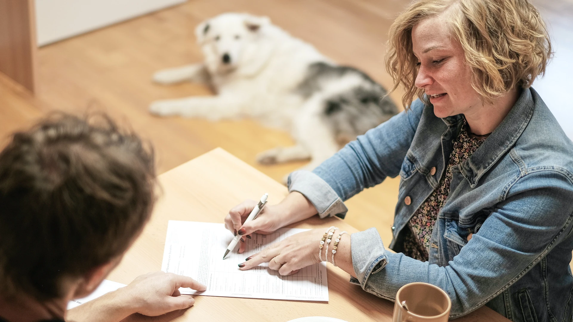 Zwei Personen sitzen an einem Tisch. Die Frau in der Jeansjacke deutet mit dem Kugelschreiber auf eine Textpassage auf einem Dokument, die andere Person sitzt mit dem R&uuml;cken zur Kamera und h&ouml;rt zu. Im Hintergrund liegt ein wei&szlig;er Hund auf dem Boden. Auf dem Tisch steht eine Tasse und eine Sch&uuml;ssel mit Keksen.