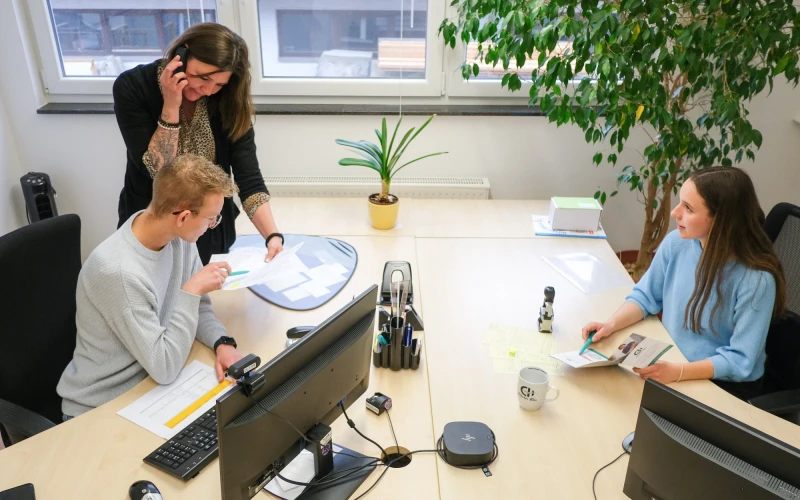 Drei Personen sitzen in einem B&uuml;ro an einem gro&szlig;en Schreibtisch mit Bildschirmen und Tastatur. Im Hintergrund ist eine Gr&uuml;npflanze zu sehen und nat&uuml;rliches Licht f&auml;llt &uuml;ber die Fenster in den Raum. Eine Person steht und beugt sich zu den anderen, w&auml;hrend sie gemeinsam Dokumente betrachten und sich dar&uuml;ber unterhalten.